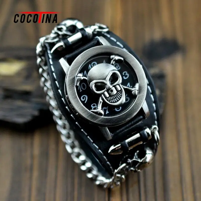 COCOTINA Black wide skull ancient bronze anti personality skull watch hip hop belt correa reloj bracelet