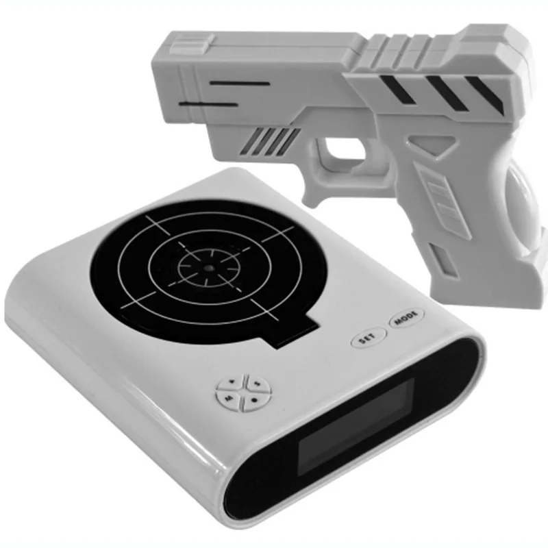 Beste Laser Shooting Gun Alarm Gadget Target Desk Tafel Horloge Klok Digitale Elektronische Nixie Klok Snooze Nachtkastje 1 Set Voor Kids