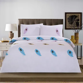 

100% Pure Cotton Colorful Peacock Feather Embroidery Double Bed White 4 pcs Wedding Four-piece Kit 1.5/1.8m Bed 4pcs