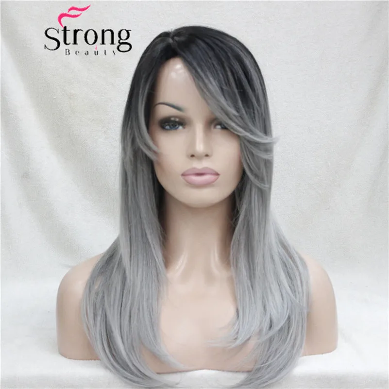 StrongBeauty Ombre черный корень с серым микс высокое качество Тепло ОК длинные прямые кожи Топ синтетический парик