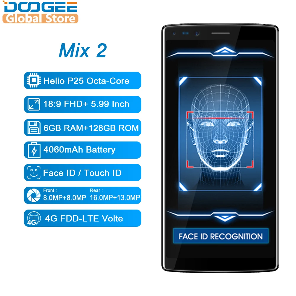 DOOGEE Mix 2 Android 7,1 4060 мАч 5,99 ''fhd+ Helio P25 Octa Core 6 ГБ Оперативная память 128 Гб Встроенная память смартфон Quad камеры 16,0+ 13,0 Мп