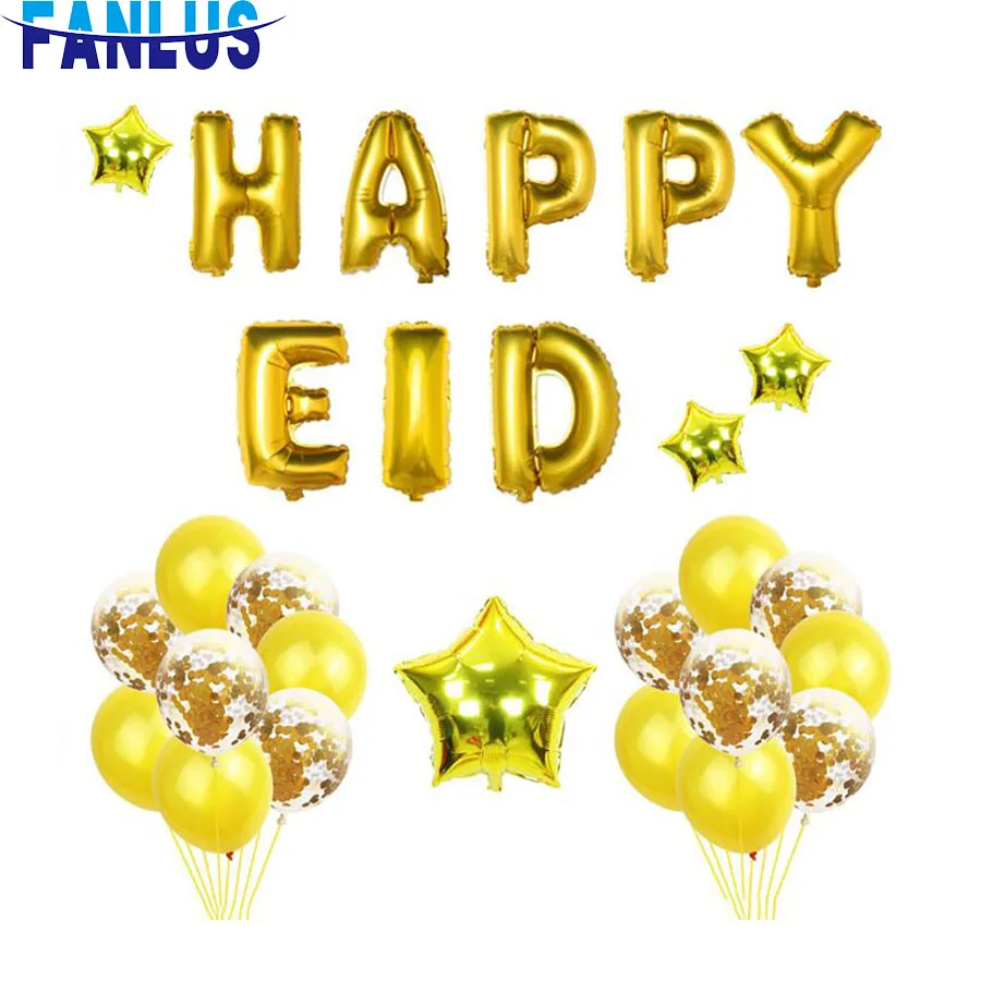 

28pcs/Set Happy EID Gold Aluminum Foil Balloons Latex Confetti Balloon Muslim EID Al-Fitr EID Decoration Latex Confetti Balloon