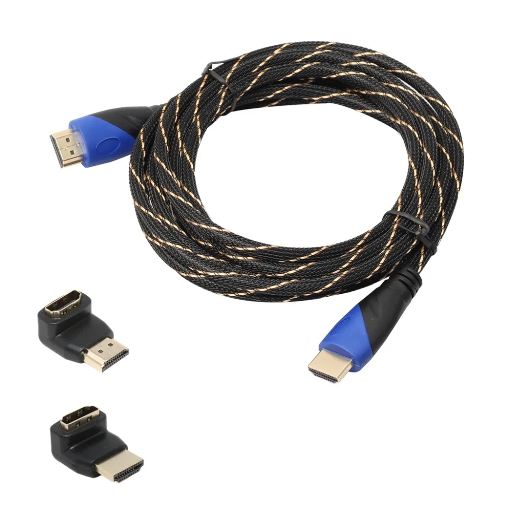 REXLIS высокое качество плетеный кабель HDMI 0,5 m 1 м 3 м 5 м 10 м 15 м Плетеный HDMI кабель+ 2 Угловые адаптер V1.4 HD 3D