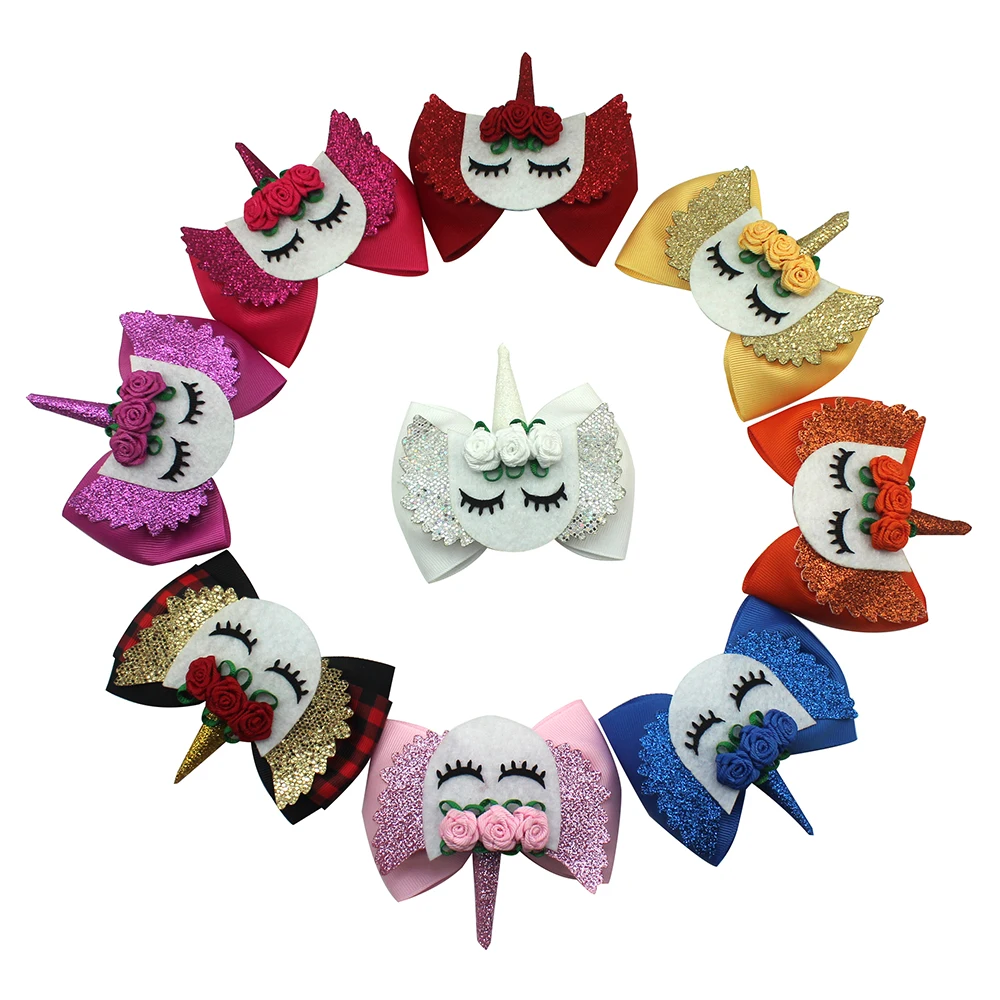 

4 Inch Princes Hair Bows for Baby Girls Cartoon Unicorn Glitter Hair Clips Barrettes Kids Handmade Hairgrips Hair Accessories