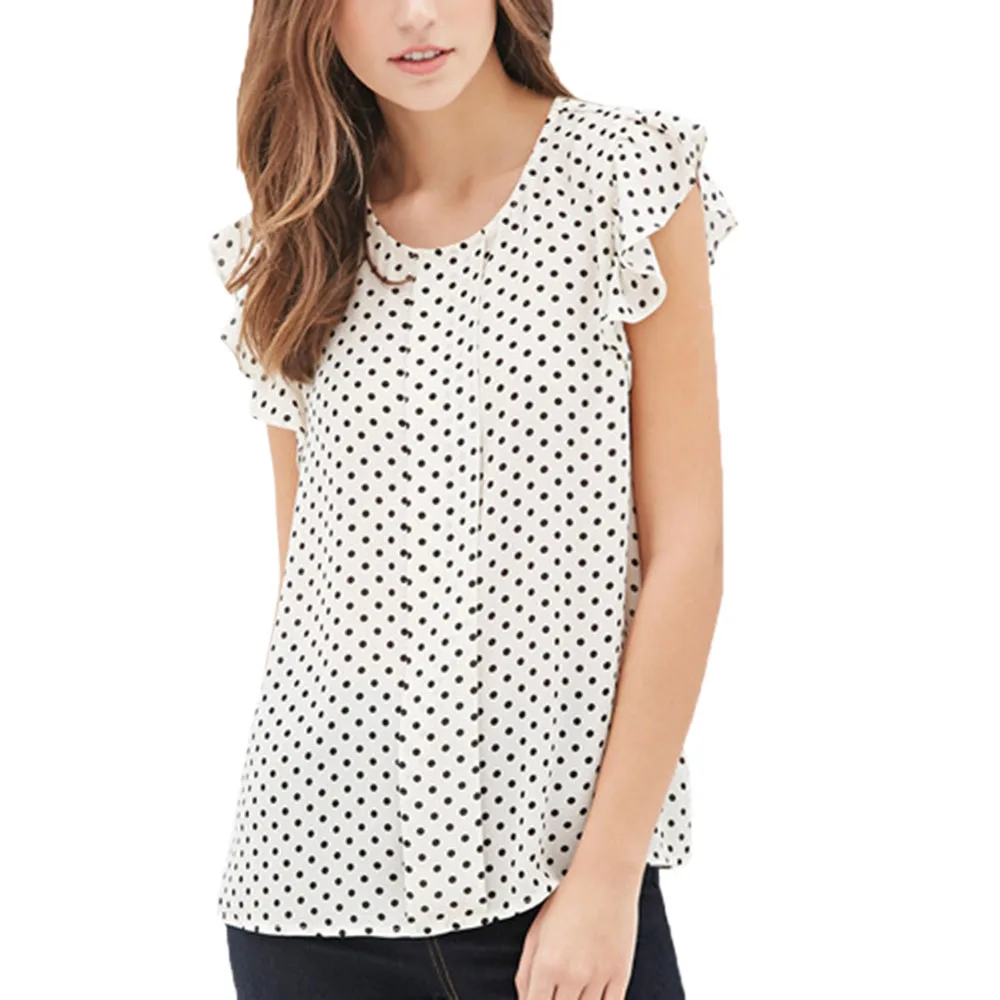 

Summer Butterfly Sleeve Polka Dot Blouses Fashion O-Neck Women Chiffon Blouse White Black Color shirt