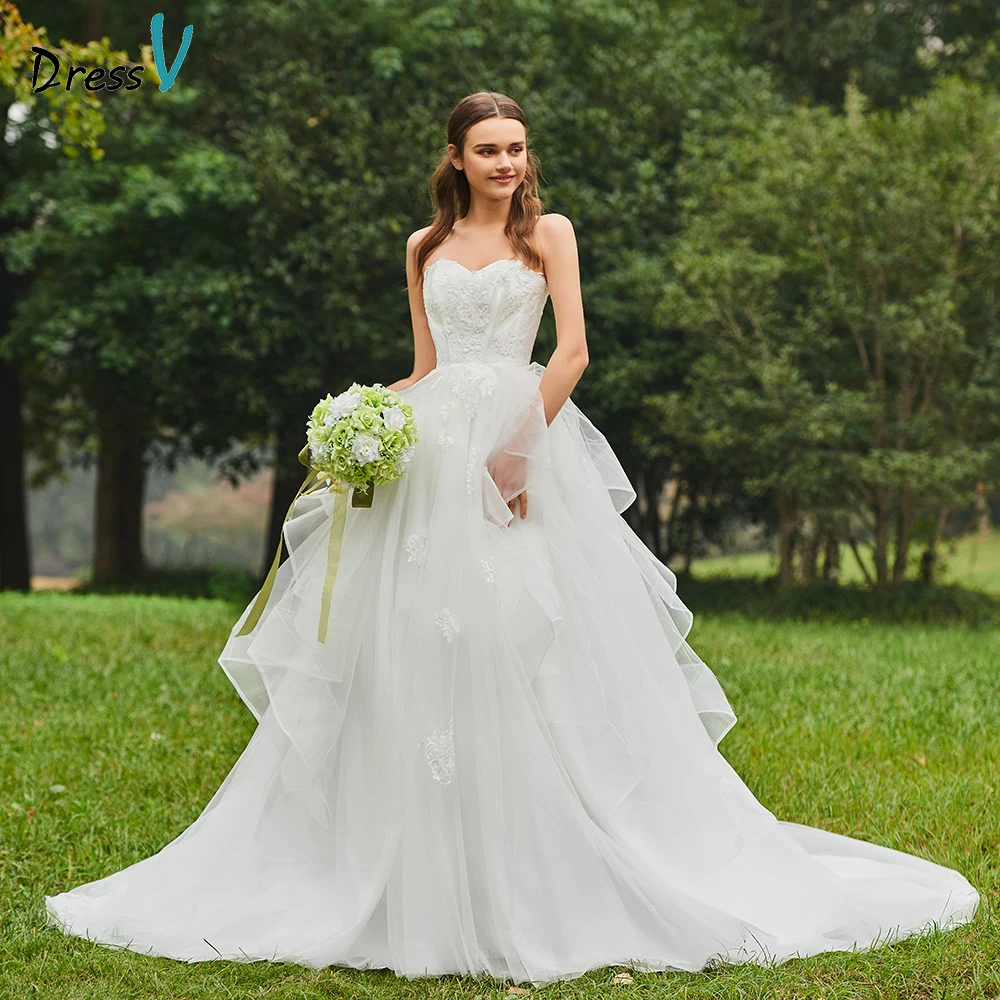 

Dressv elegant sweetheart neck wedding dress cathedral train floor length ball gown bridal outdoor&church wedding dresses