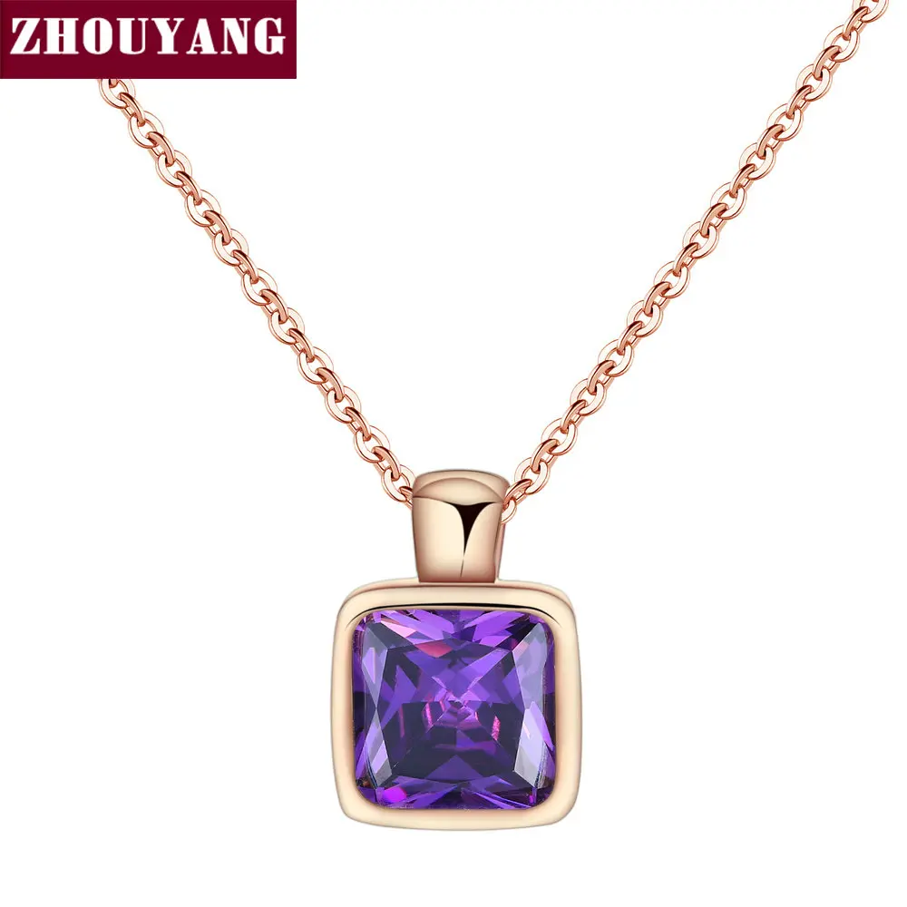 

ZHOUYANG Pendant Necklace For Women Girl Noble Square Cut Purple Cubic Zircaonia Rose Gold Color Gift Fashion Jewelry N542