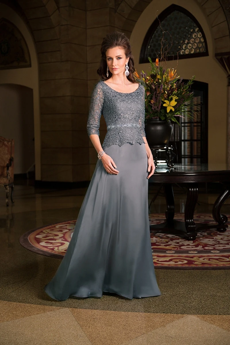 

Vestido Mae Da Noiva Plus Size Scoop Neck 3/4 Sleeves Chiffon Lace Gray 2017 Mother Of The Bride Dresses