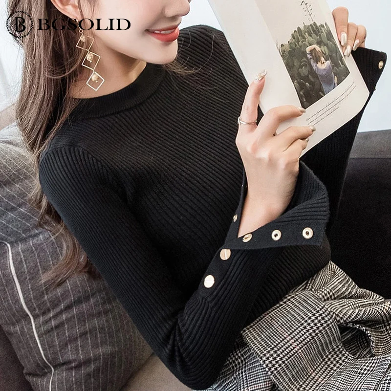 Свитер женский 2018 новый корейский вариант черный свитер пуловер утолщенный с длинными рукавами нижняя рубашка