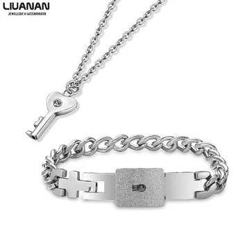 

Couple Jewelry Set for Lovers Stainless Steel Love Concentric Lock Key Bracelets Key Pendant Necklace Couples Relationship Gift