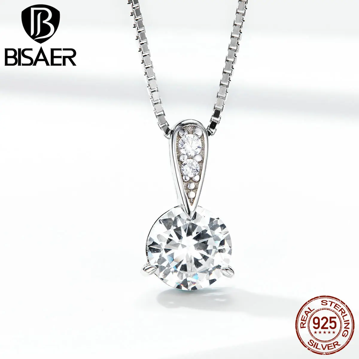 

BISAER Classic 925 Sterling Silver Cubic Zircon Round Circle Women Pendant Necklaces Luxury Wedding Engagement Jewelry ECN314