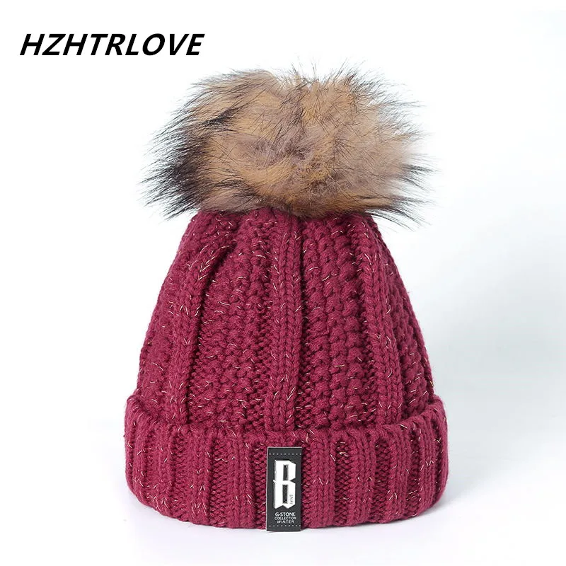 High Quality Letter B Beanies Cotton Add Wool Fur Ball Cap Pom Poms Winter Hat For Women Girl 's