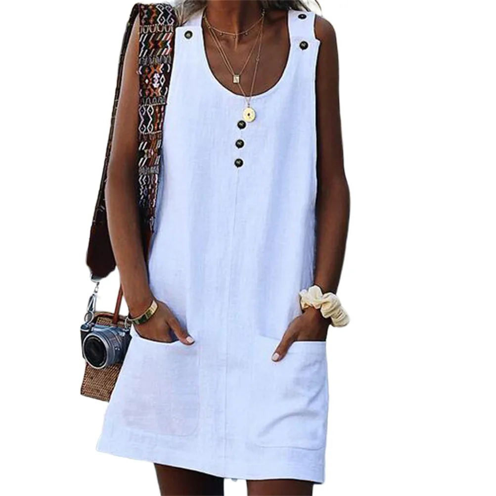 

2019 New Summer Simple & Casual women's Dresses Ladies Fashion Versatile Pocket Button Dress White Female Solid Straight Dress