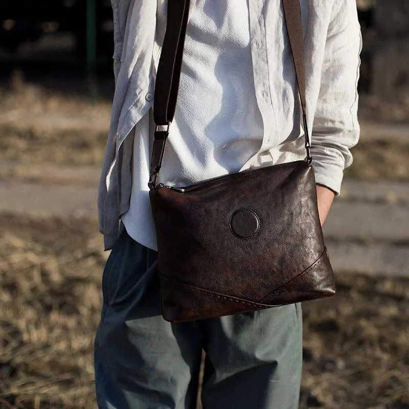 

Vintage handmade vegetable tanned layer cowhide large capacity casual multi-function men's bag Messenger bag tide