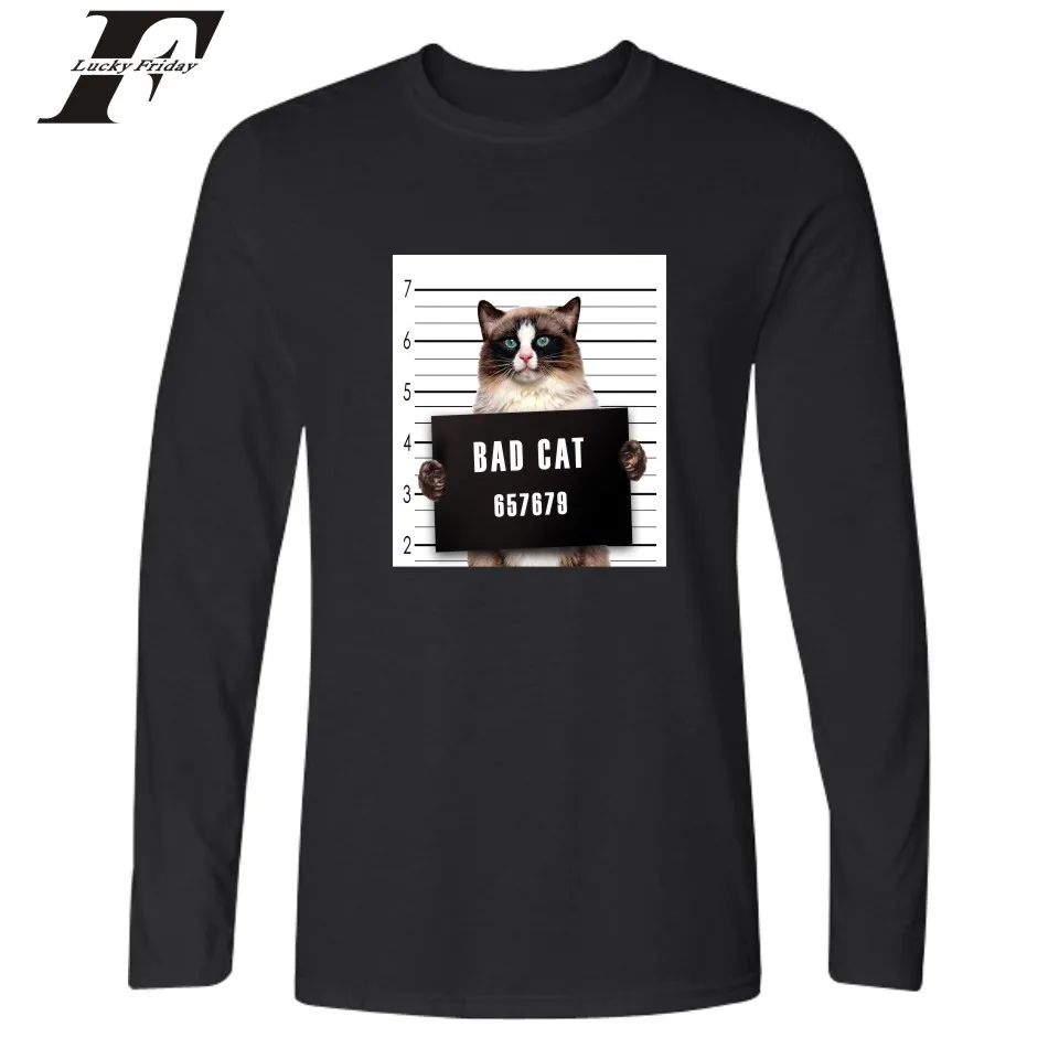 LUCKYFRIDAYF Bad Cat Футболка мужская забавная Весенняя Повседневная футболка с длинным