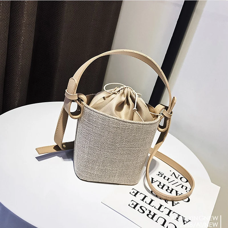 

BENVICHED 2019 summer new linen belt fairy bucket bag women's shoulder bag portable dual-use literary handbags Messenger bag A08
