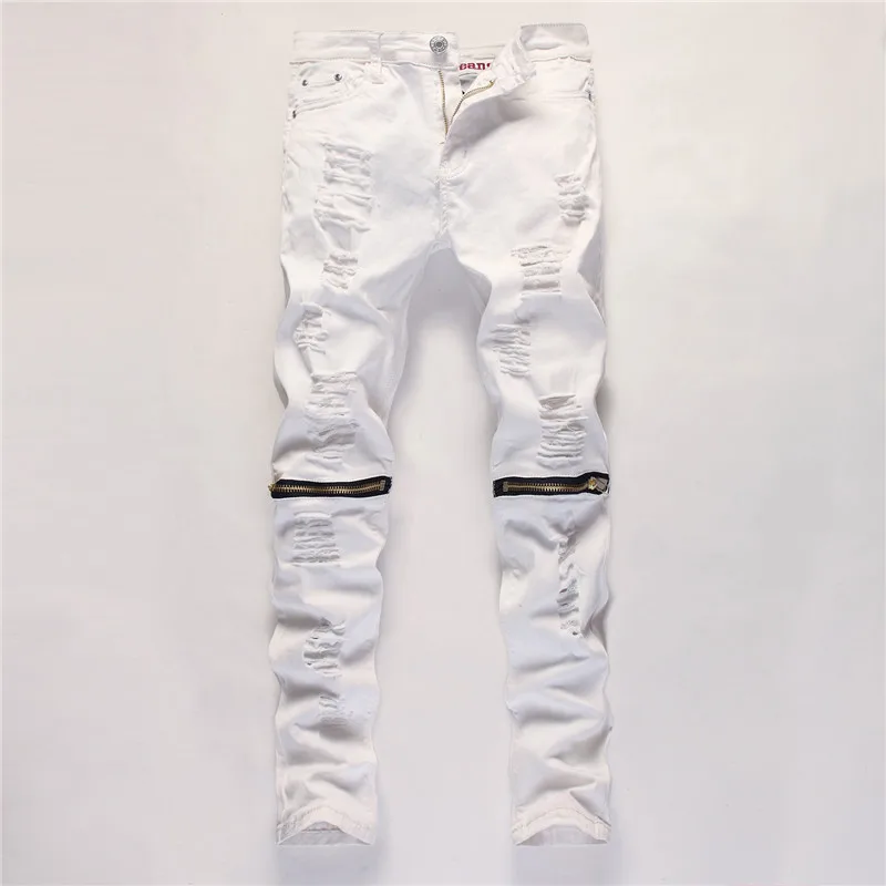 Fashion Brand White Leisure Pencil Pants Denim Jeans Men Zipper Design Elastic Force Skinny Pants Casual