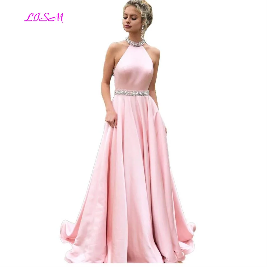 

Pink Long Prom Dresses 2019 A-Line Halter Beaded Evening Party Dresses Sexy Backless Robe De Soiree Girls Gala Dress Custom Made