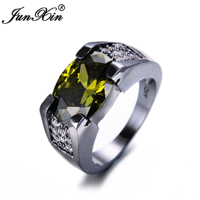 JUNXIN Male Peridot Oval Ring 2017 New Fashion Men Ring Black