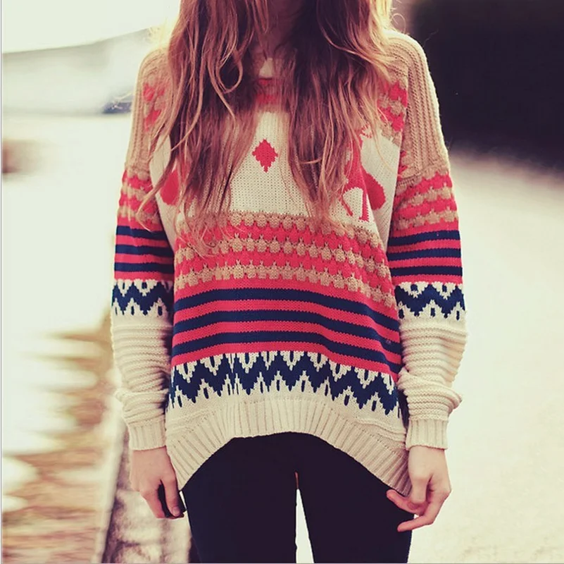 Women Ugly Christmas Sweater Casual Long Sleeve Autumn O Neck Deer Print Slim Plus Size Pullovers Thick Winter Tops | Женская одежда