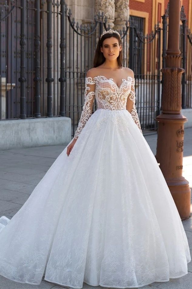 Princesa Puffy Vestidos De Bola Largo Mangas Transparentes Vestidos De Novia De Barrido Tren Largo Vestido De Noiva Vestidos De Novia Bride Gowns Puffy Ball Gownstransparent Wedding Dress Aliexpress