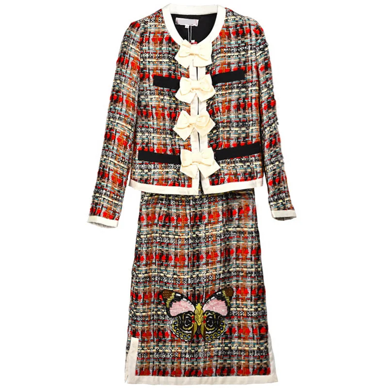 Autumn Winter European Women's Runway Chic Skirt Suits Bow