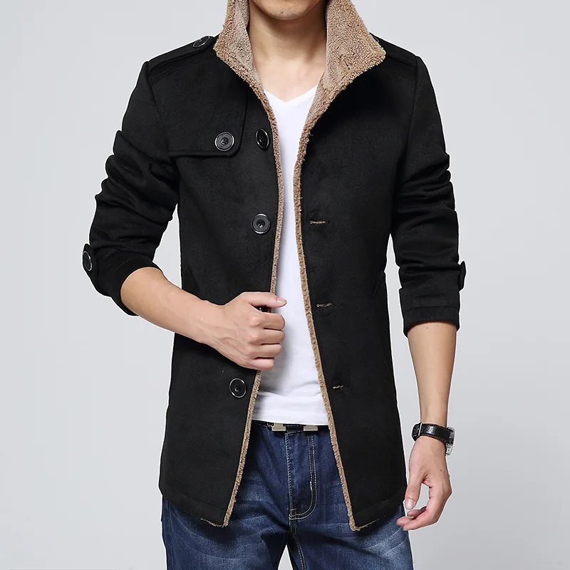 Мужское длинное шерстяное пальто без капюшона с карманами, теплые ветрозащитные куртки и пальто, приталенная ветровка высокого качества, Мужской плащ размера плюс - Цвет: Черный