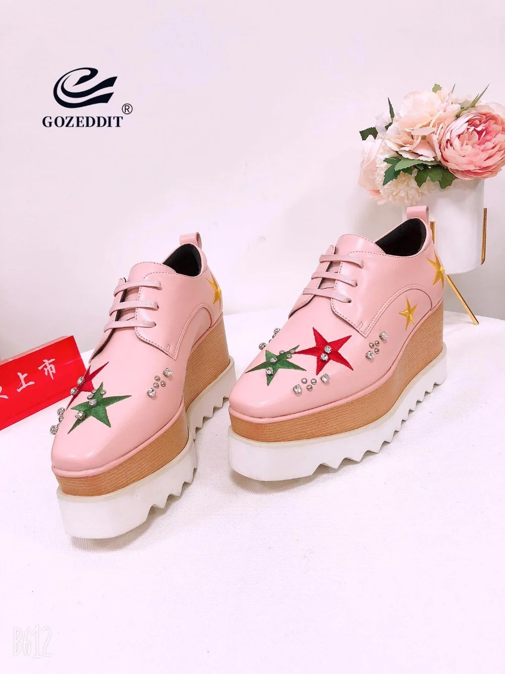 

GOZEDDIT Embroidery Star Platform Shoes Women Oxford Wedge Creepers Patent Leather Rhinestones Lace-up Round-toe