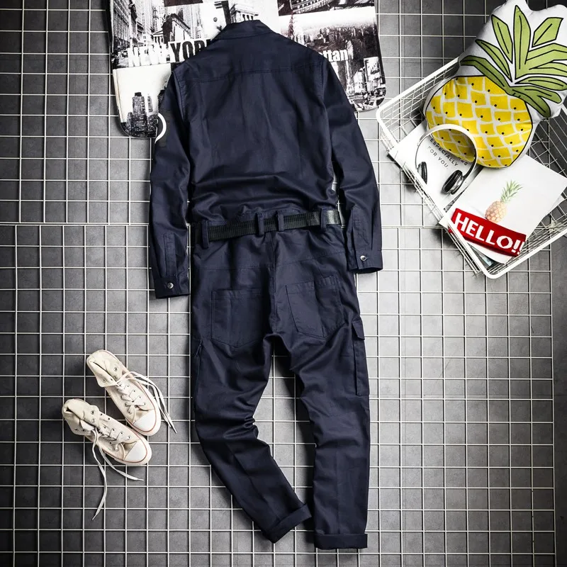 Модный мужской хип-хоп цельный комбинезон-карго с длинным рукавом, уличная одежда для мужчин, джоггеры, комбинезон с поясом, карманы, Рабочие комбинезоны, брюки