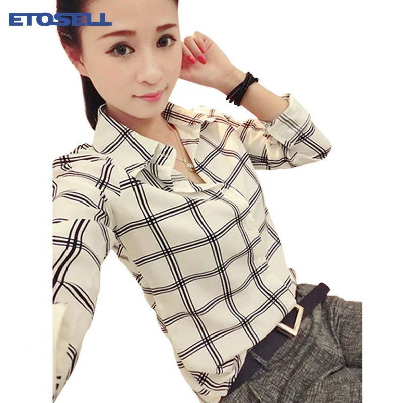 

ETOSELL 2018 New Summer Turn Down Callar Shirts Women Casual Tops Women's Long Sleeve Plaid Blouse Clothing 1 Piece