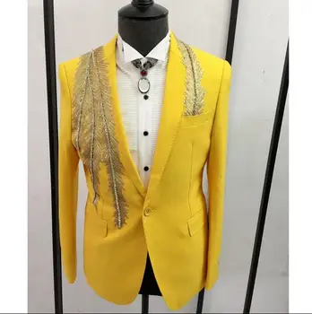 

New men suits designs masculino homme terno stage costumes for singers men yellow blazer dance clothes jacket stage dress punk