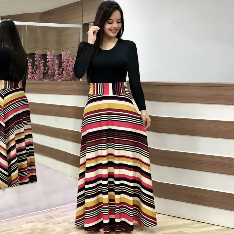 Spring Autumn For Women Dress 2019 Casual Long Sleeve O-neck Tunic Patchwork Dresses Fashion Vintage Print Maxi Dress Vestidos