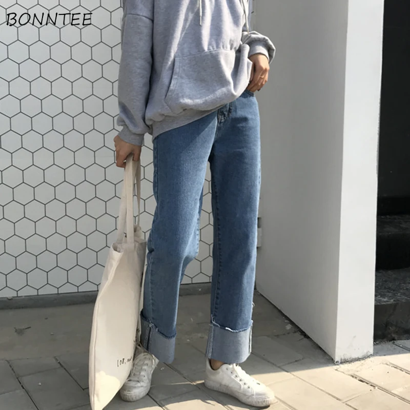 

Jeans Women Spring Summer Trendy Korean Style Simple All-match Retro Cuffs Streetwear High Waist Loose Womens Trousers Casual