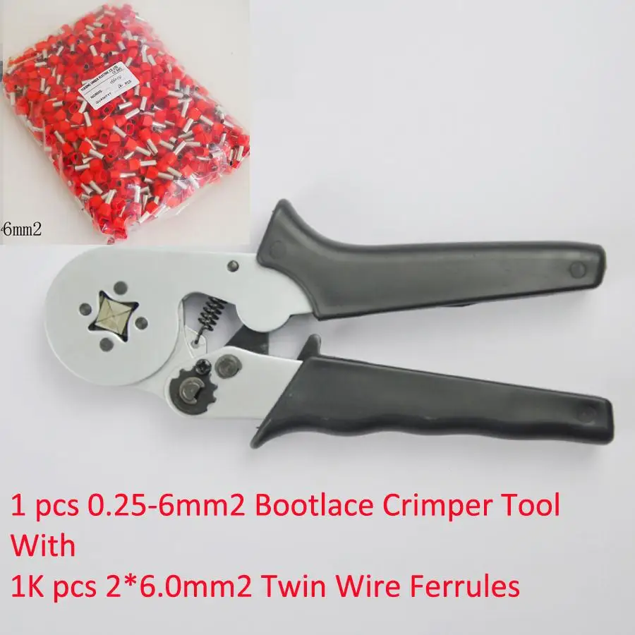 

HSC8-6-4B 0.25-6mm2 Crimping Tool Bootlace Ferrule Crimper + 1K 2*6.0mm2 Red TE6014 PVC Insulated Bootlace Wire Ferrules