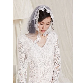 

2 m one layer Long Bridal Wedding Veils Lace Trim edge Tulle for brides velo de novia voile de Mariage Dentelle Blanc Longue