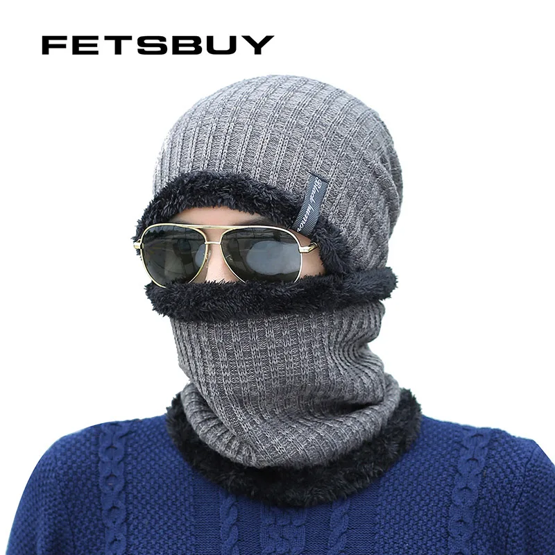 Fetsbuy зимние шапочки Для мужчин шарф вязаная шапка шапки маска Gorras капот зима теплая мешковатые Шапки для Для мужчин Для женщин Skullies шапочки