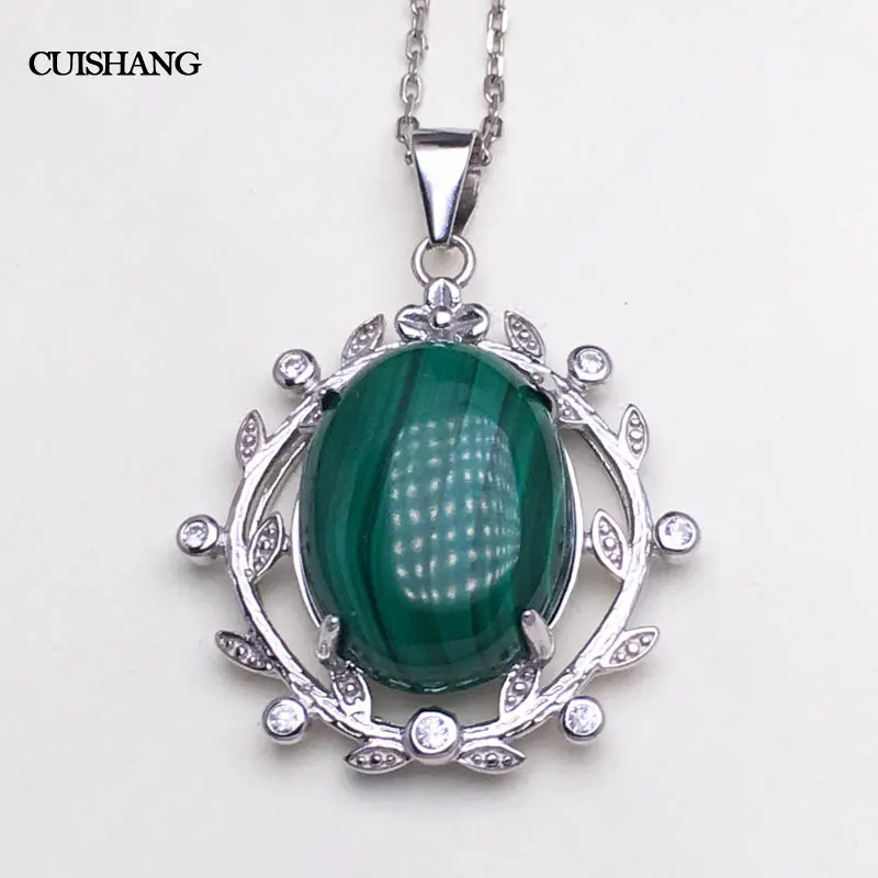 

CSJ Real Natural green Malachite pendant sterling silver women femme lady Necklace Wedding Engagement party Gift Fine Jewelry