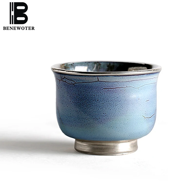 

50ml Handmade Ceramic Porcelian Kiln Gilt Silver Teacup Kung Fu Tea Set for Sake Wine Black Tea Coffee Cup Drinkware Blue