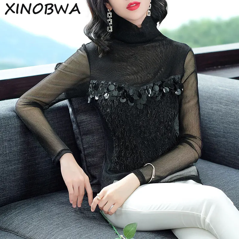 Европа осень Для женщин высокое уличный стиль тонкая водолазка с длинным рукавом сексуальный сетки Лоскутная футболка Дамы блестками рубашки