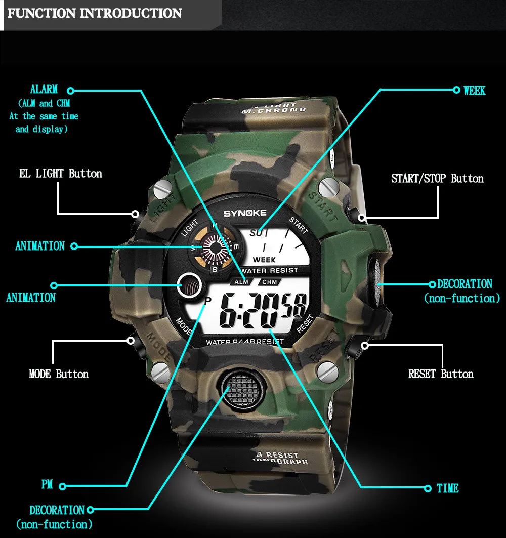 SYNOKE, военные наручные часы, спортивные, для мужчин, светодиодный, электронные часы, модные, цифровые, наручные часы для мужчин, s, для улицы, водонепроницаемые часы, N50
