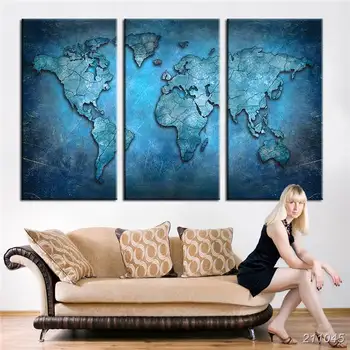 

Large Triptych Wall Art Canvas World Map Abstract Dark Blue Global Lineament Print For Home And Office Wall Decoration No Frame