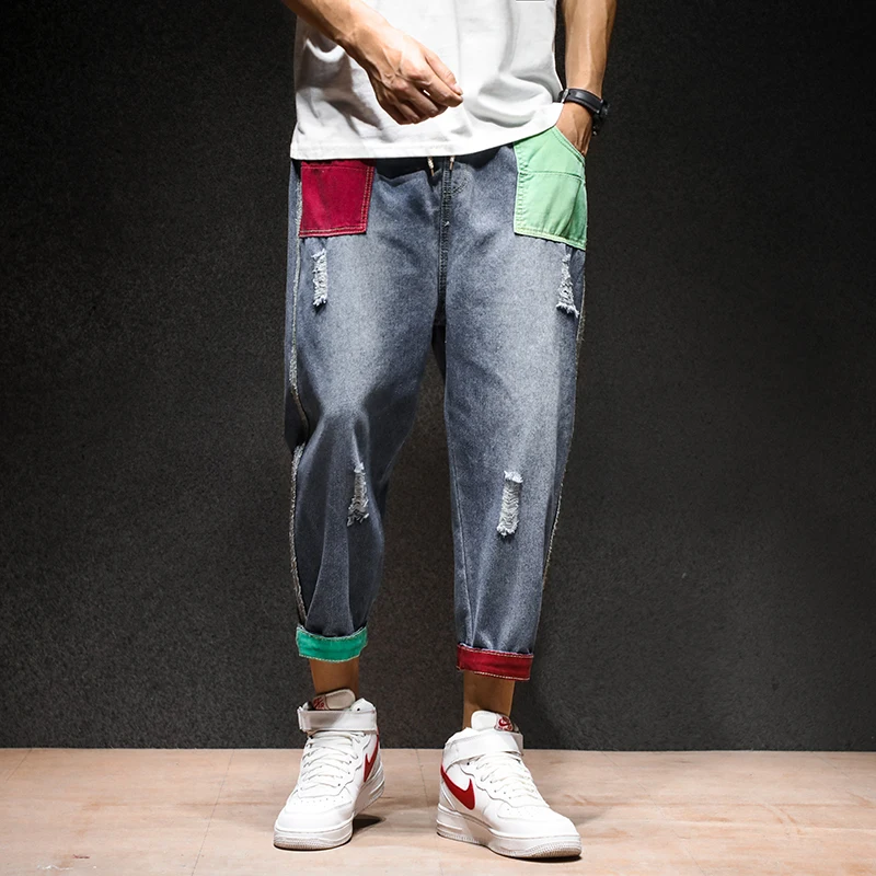 

Men's Fashion Cool Style Multicolor Patchwork Straight Tube Ripped streetwear Jeans men Leisure Male Haren denim Pants