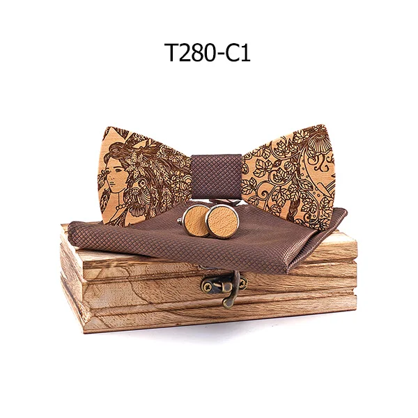 Дизайн галстук-бабочка натуральный деревянный галстук-бабочка изысканный ручной работы мужской галстук-бабочка запонки деревянная Подарочная коробка набор - Цвет: T280-C1