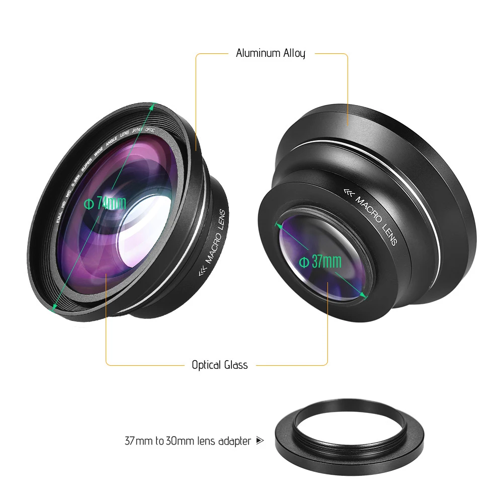 Andoer 0.39X камера Full HD широкоугольный макрообъектив 37 мм до 30 объектив адаптируется