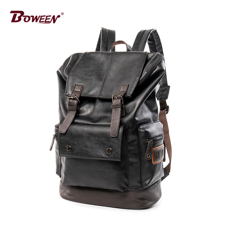 solid soft pu leather backpack men Large capacity black male back pack laptop bagpack mochila 2019