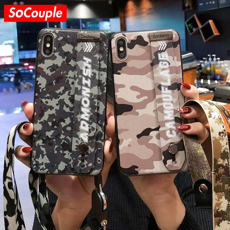 

SoCouple Phone Holder Case For iphone 7 8 6 6s plus X Xs max XR Cool Camouflage Pattern Wrist strap Case Cover with Lanyard