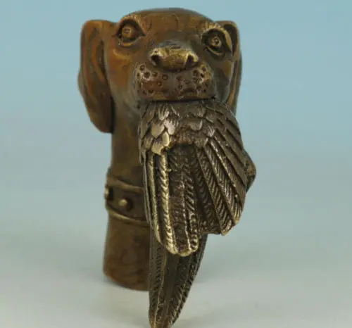 Chinese Old Bronze Hand Carved Dog Bitten Birds Statue Cane Walking Stick Head 