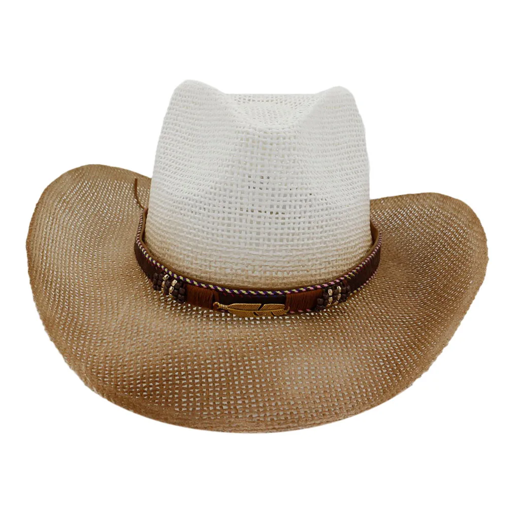 Hawcoar Новая мода для мужчин и женщин Ретро Западная ковбойская шляпа шлем кожаный пояс широкополая шляпа от солнца шляпа женская летняя Z4 - Цвет: White