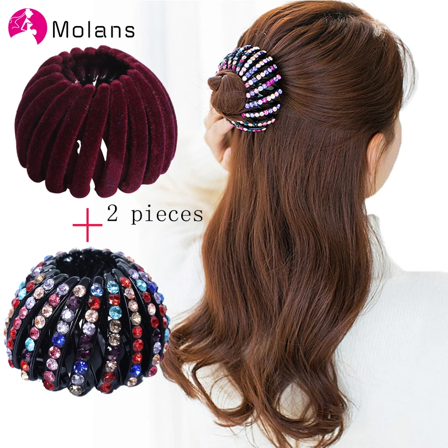 

Molans 2 Pcs/sets Rhinestone Circle Ponytail Hairclip Women Crystal Decorated Hair Claw Clip Big Velvet Bun Maker Hair Tool Clip