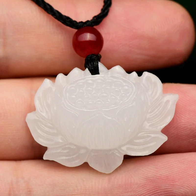 White Jade Pendant Necklace Jade Lotus Flower Lucky Amulet Necklace With Chain For Men Women